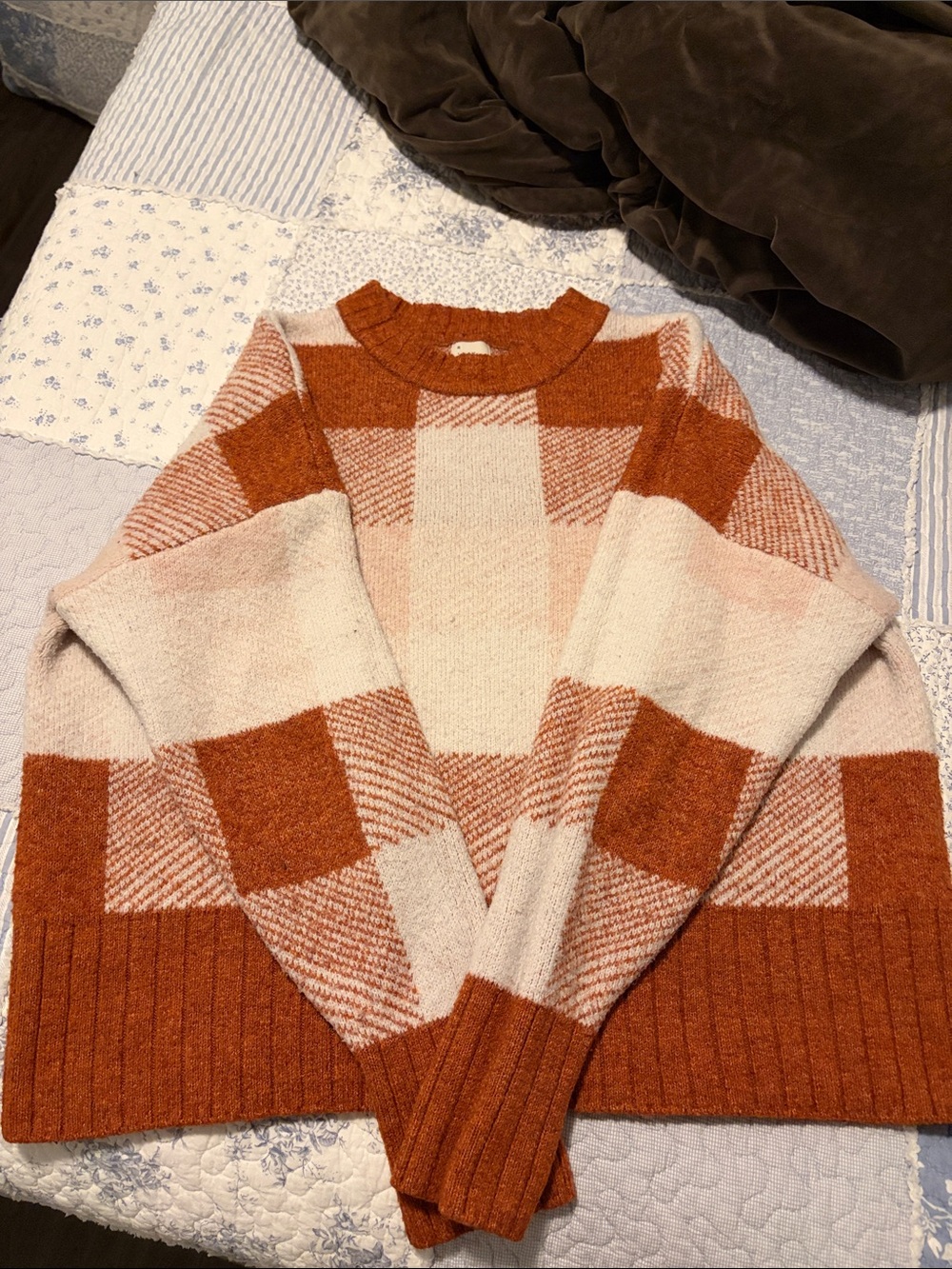 a new day Rust & Cream Plaid Crewneck Sweater
